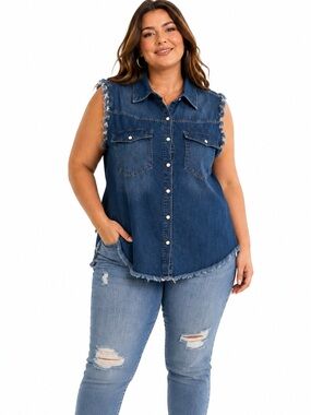 Alivia Ford Curvy 4X Dark Wash Frayed Sleeveless
Denim Snap Front Shirt NWT